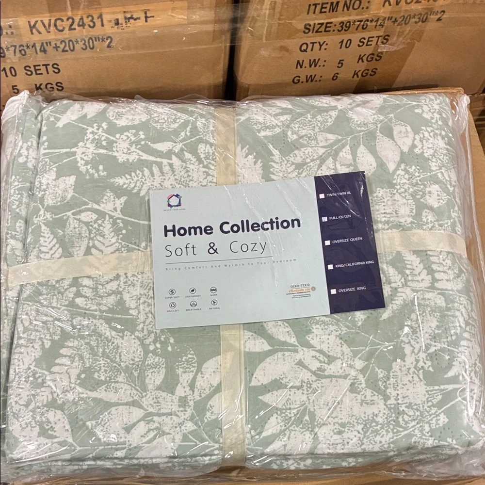 Queen Size Lightweight Botanical Green Floral Quilt Set - 2434-Q